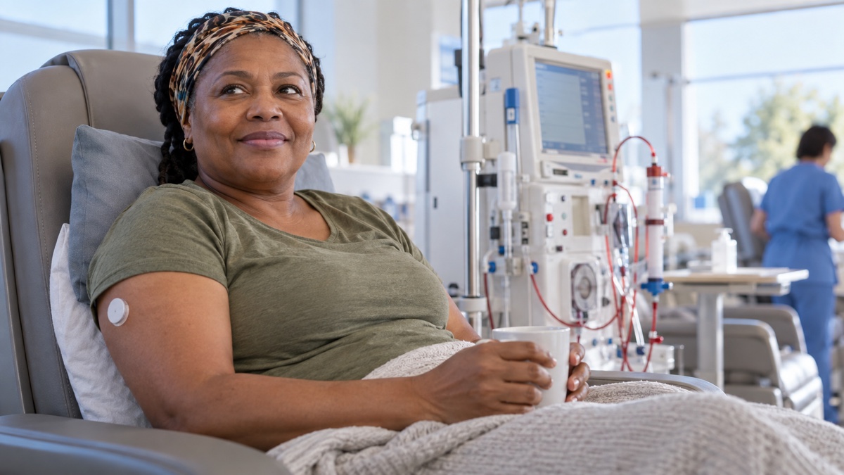 Adult receiving haemodialysis with a continuous glucose monitor sensor on the upper arm