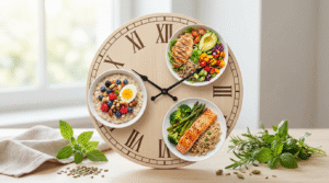 Clock and healthy food representing carbohydrate timing for diabetics