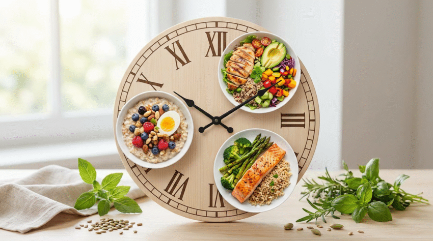 Clock and healthy food representing carbohydrate timing for diabetics