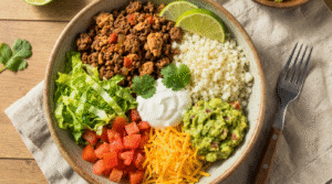 Colorful low-carb cauliflower rice burrito bowl with vegetables and protein