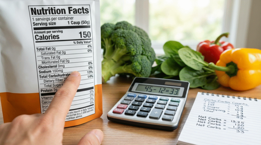 Nutrition label and fiber-rich foods illustrating net carbs concept