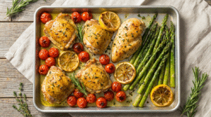 Sheet pan lemon herb chicken with asparagus and tomatoes