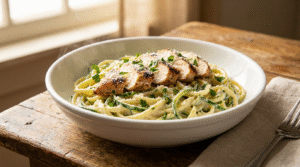 Creamy zucchini noodle chicken alfredo low-carb pasta dish