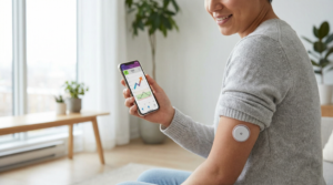 Person wearing a CGM sensor on their arm while checking glucose levels on a smartphone