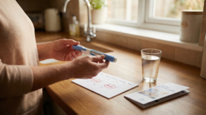 Person holding a semaglutide injection pen with a weekly calendar on a kitchen counter