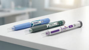 Three injectable medication pens: Ozempic, Wegovy, and Mounjaro side by side