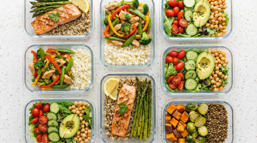 Seven meal prep containers with colourful low-glycemic dinners arranged overhead
