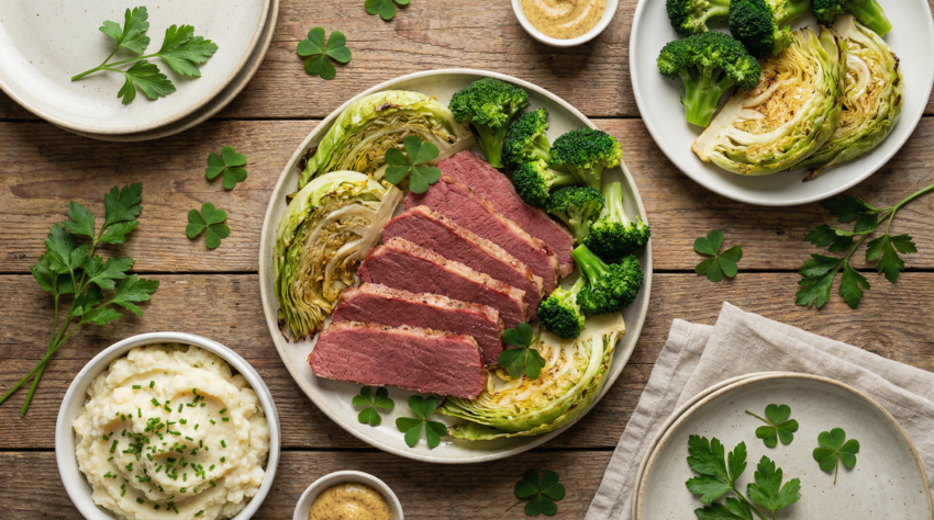 Diabetes-friendly St. Patrick's Day plate with corned beef, roasted cabbage, broccoli and cauliflower mash