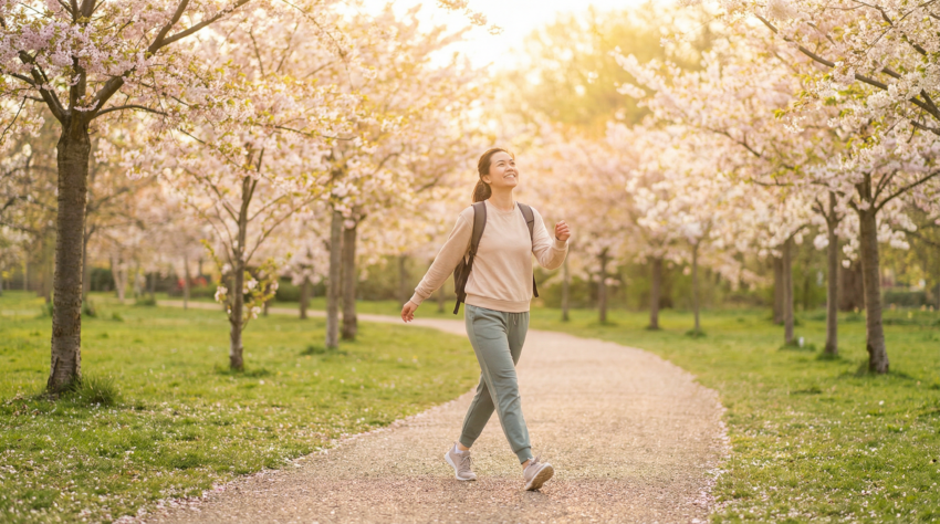 Woman walking joyfully along a sunlit path through a cherry blossom park in spring