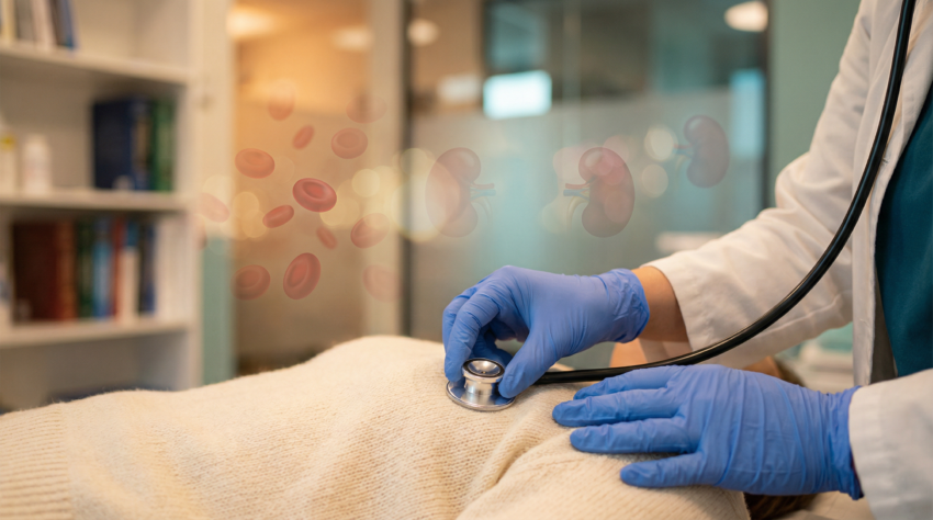 Doctor examining patient with stethoscope, red blood cells and kidney illustration in background