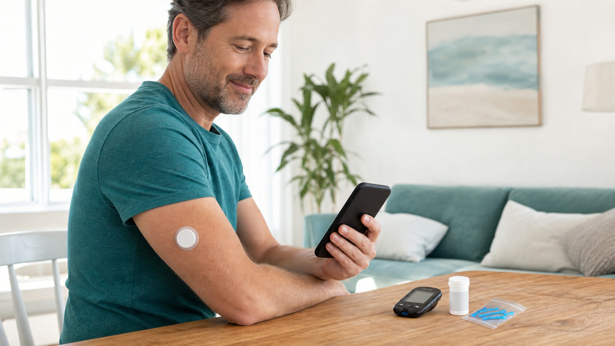 Person wearing a small sensor on the upper arm while checking glucose and ketone readings on a smartphone