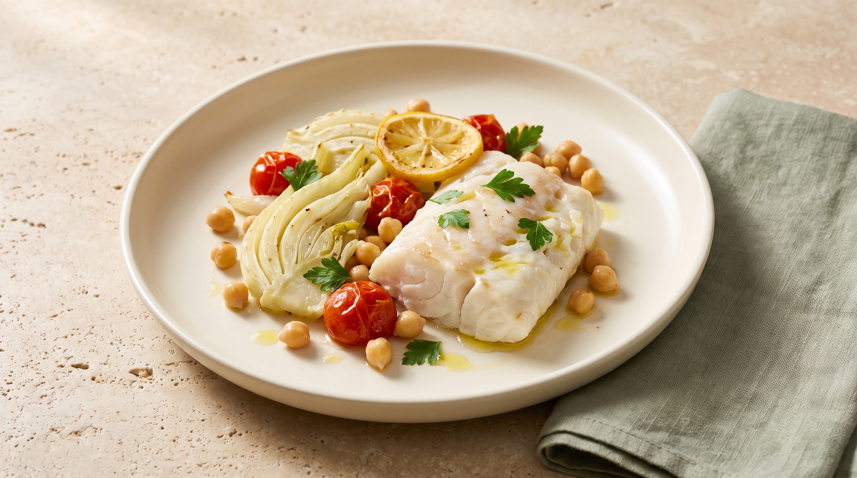 Cod fillet with roasted fennel, cherry tomatoes, chickpeas and lemon