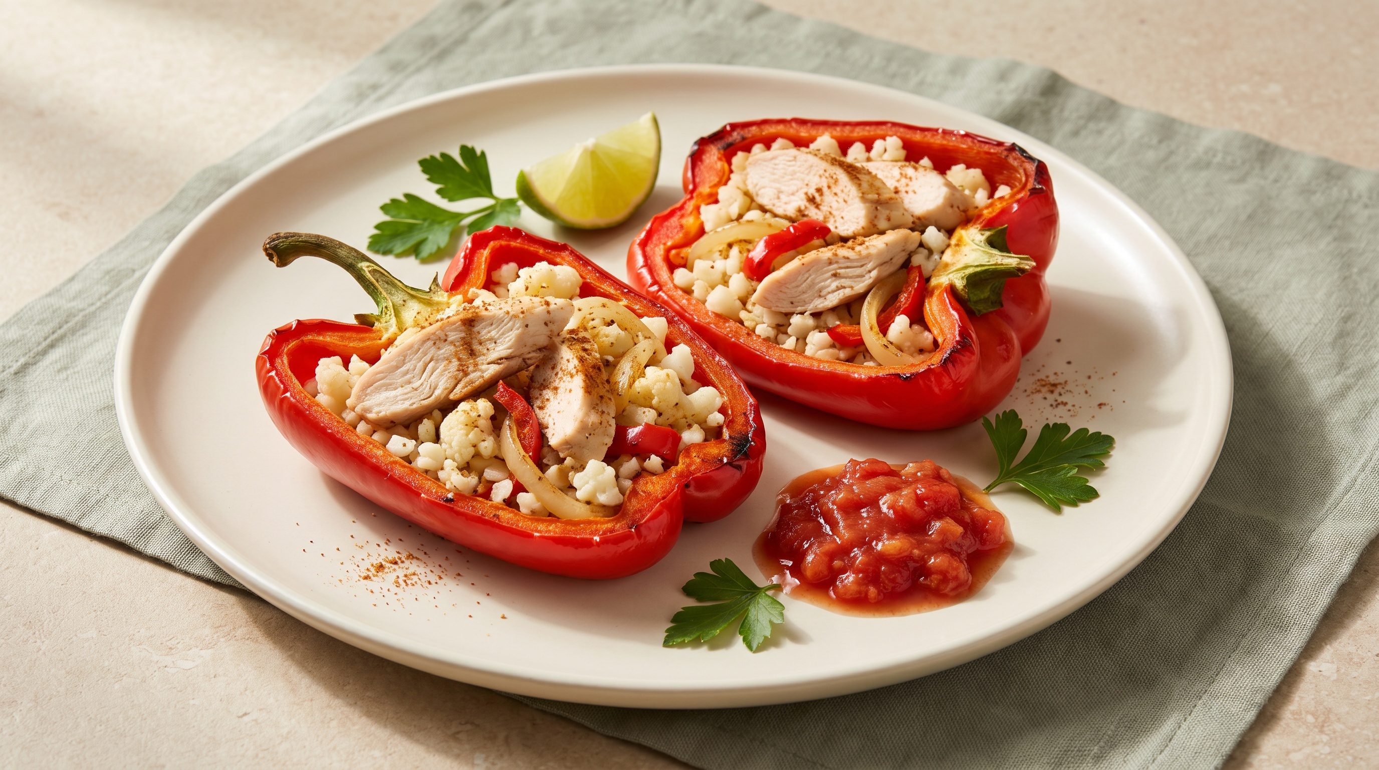Two red pepper halves filled with chicken and cauliflower rice, served with salsa and lime