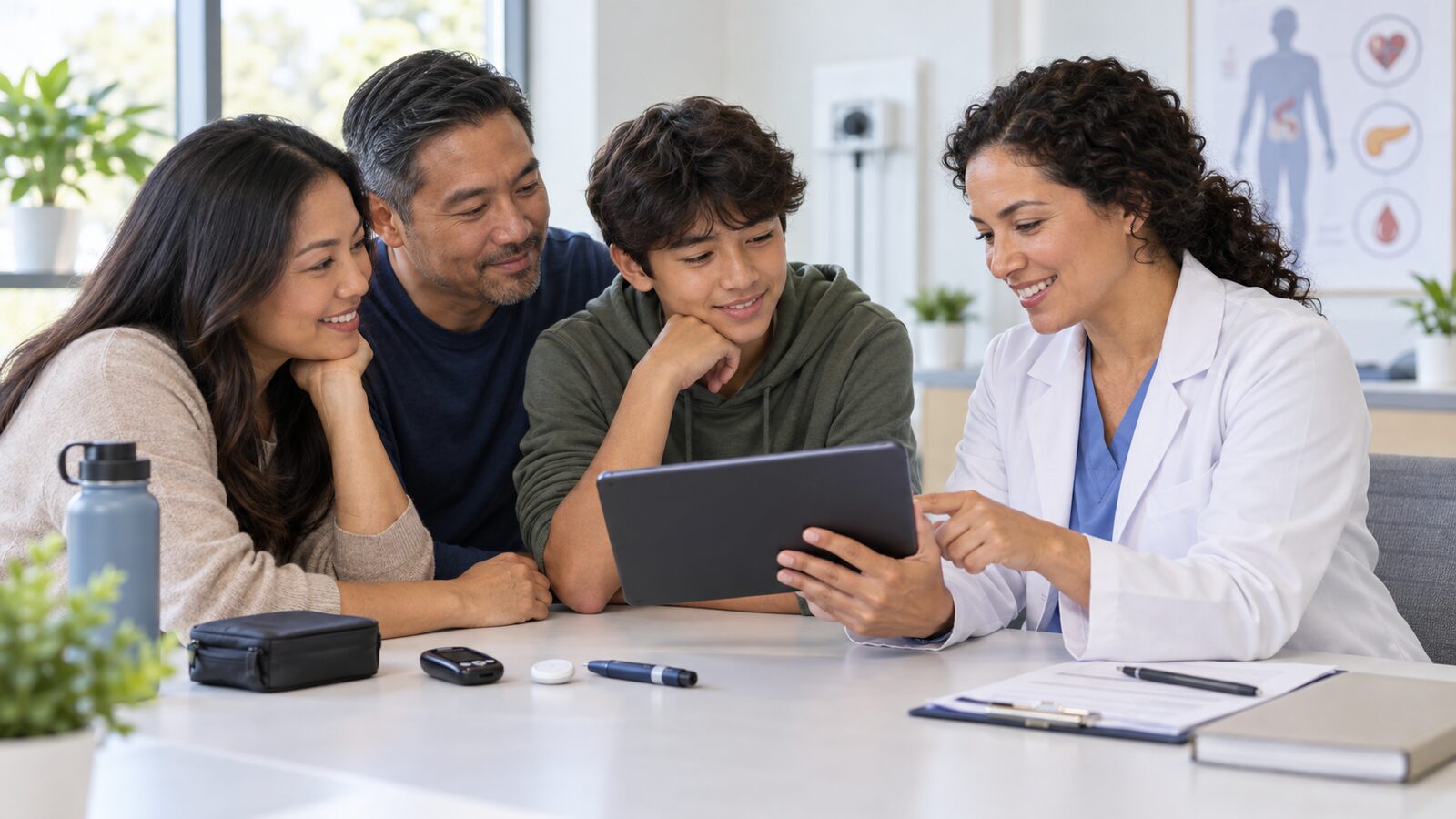 A parent and teenager reviewing glucose trends together at a kitchen table
