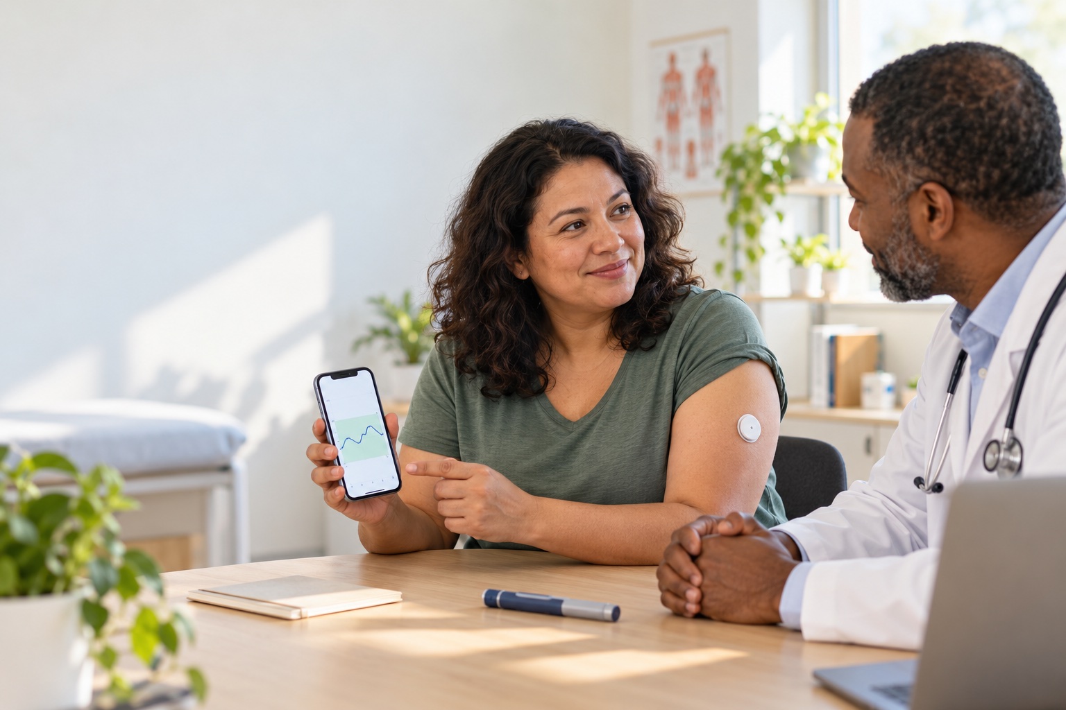Patient wearing a continuous glucose monitor discusses a glucose trend with a primary-care clinician