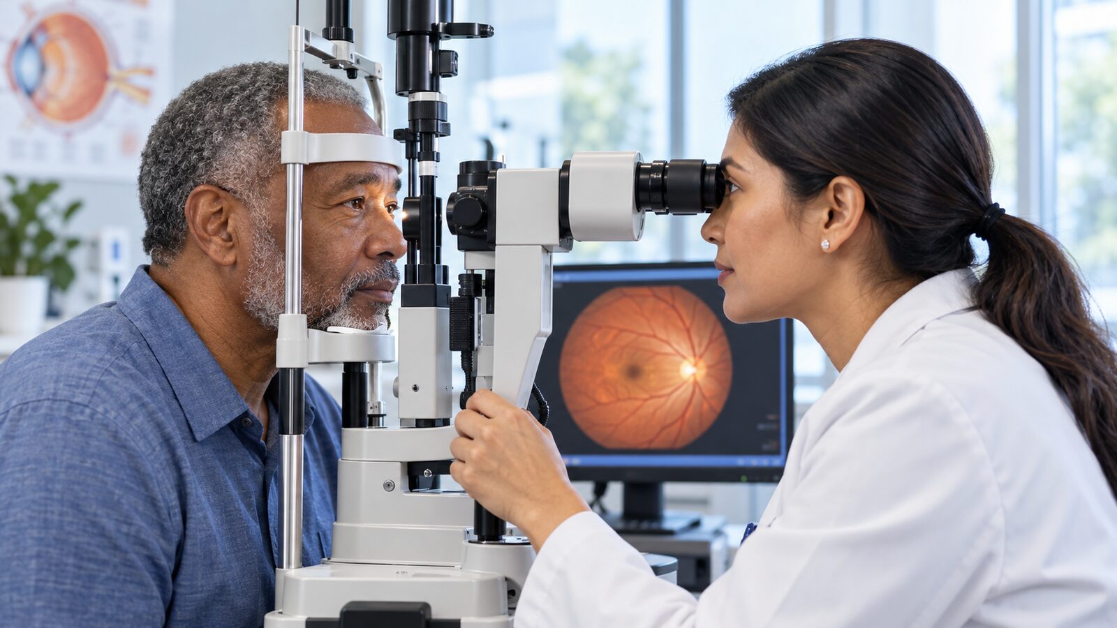 An adult having a retinal eye examination in an optometry clinic