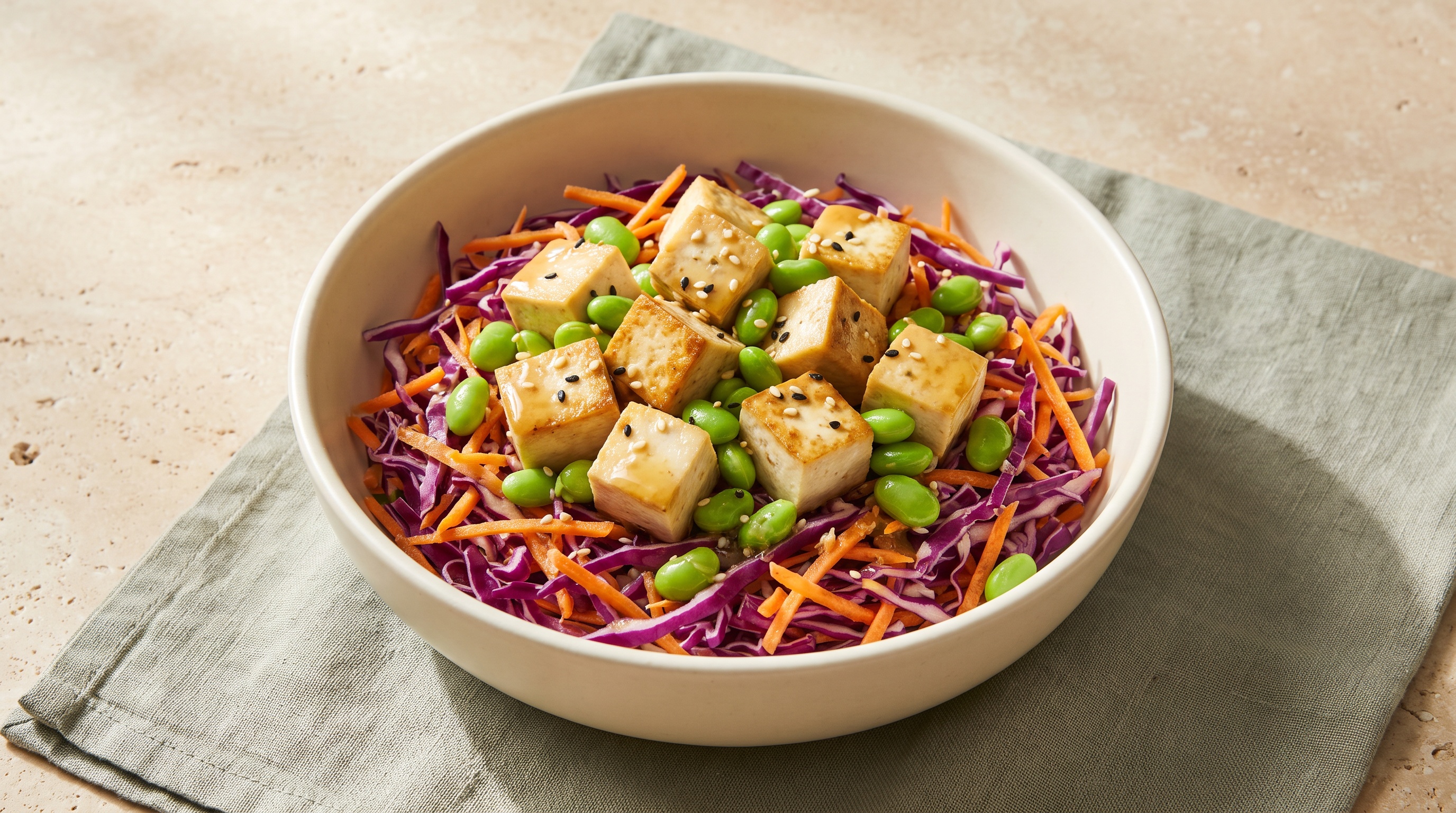 Golden tofu and edamame over shredded red cabbage and carrot
