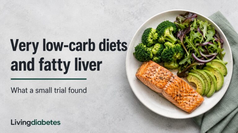 Salmon, broccoli, avocado and salad beside the title Very low-carb diets and fatty liver.