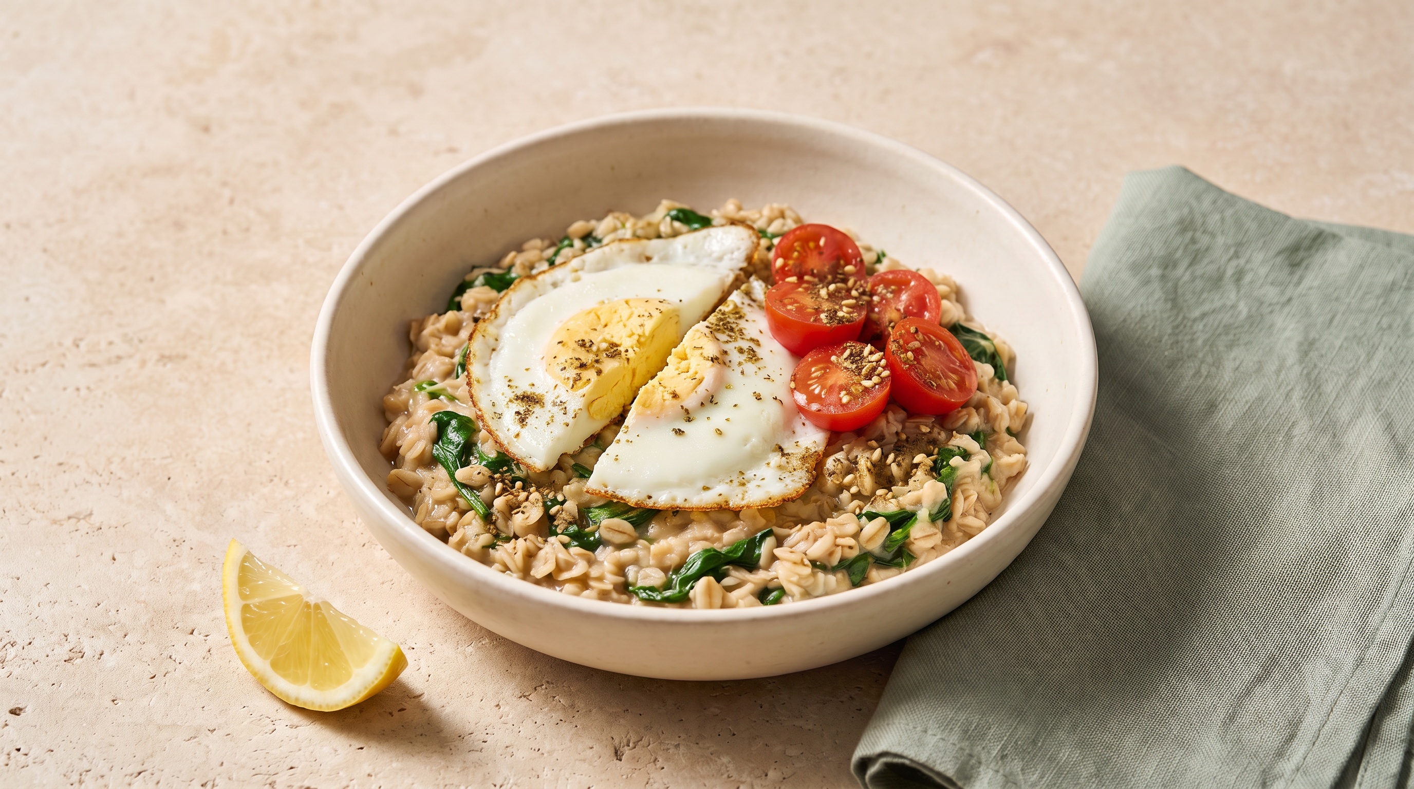 Spinach oats with cherry tomatoes, za'atar and a fully cooked fried egg cut in half
