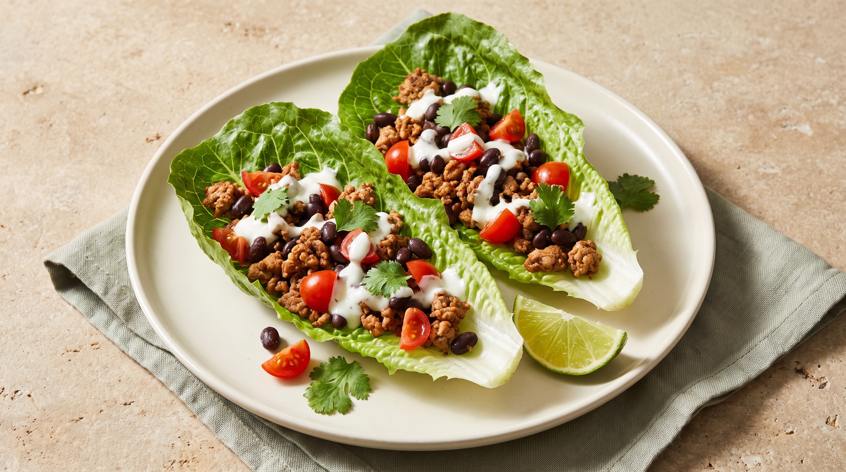 Two turkey and black-bean lettuce cups with tomatoes and lime yoghurt