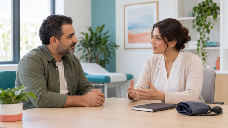 A man and a woman talking across a clinic table with a notebook and blood-pressure cuff.