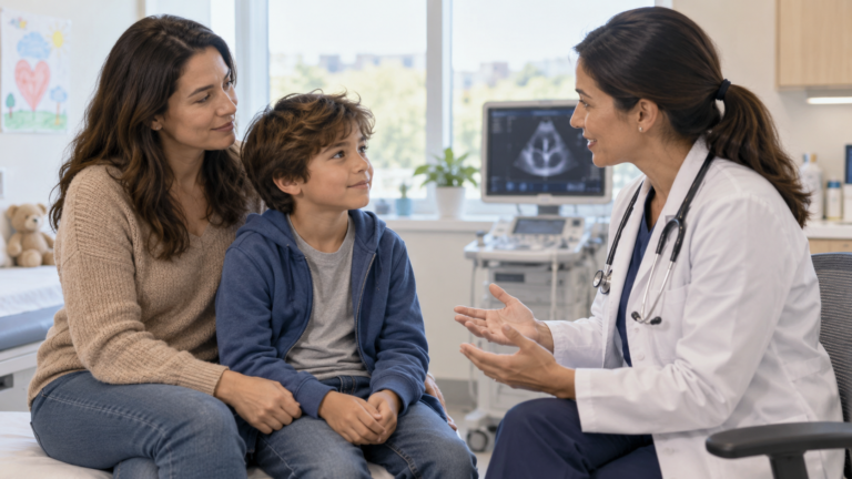 Illustrative scene of a child and parent speaking with a doctor in a consultation room.