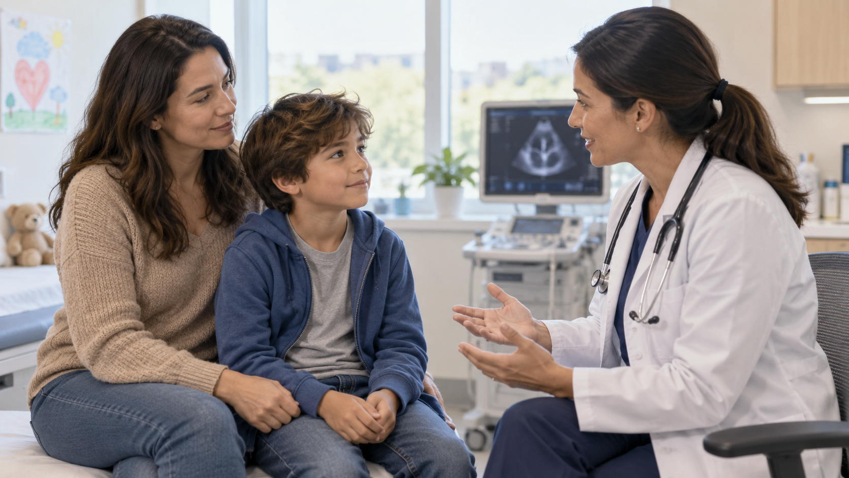 Illustrative scene of a child and parent speaking with a doctor in a consultation room.