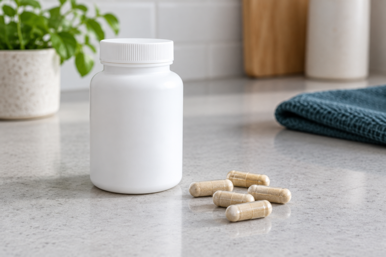 An unlabelled white supplement bottle beside beige capsules on a light counter, with a folded teal cloth behind.