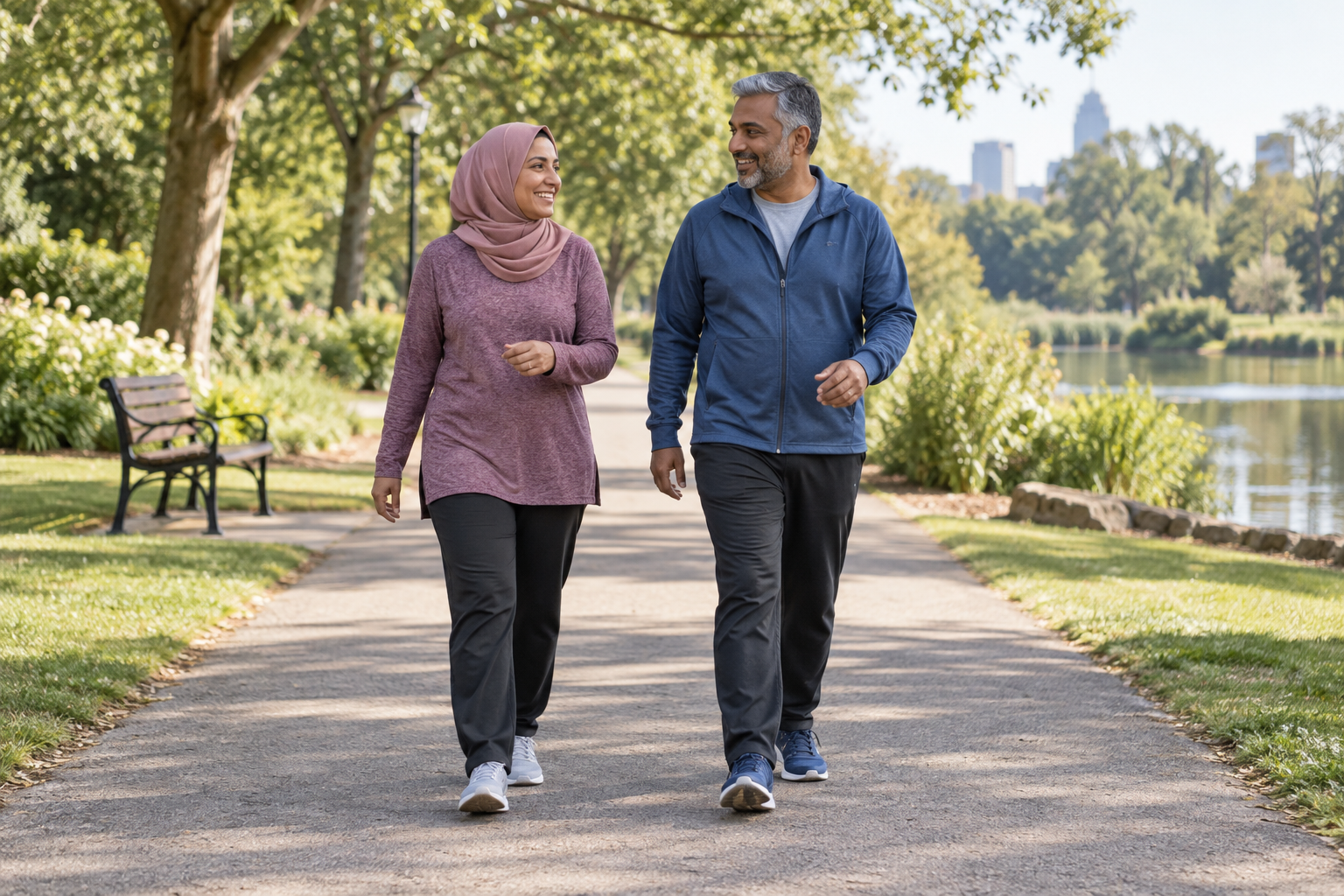 Illustrative scene of a woman and a man walking side by side on a level park path.
