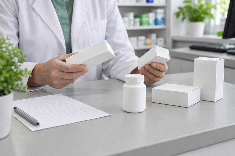 Illustrative hands in a white coat holding plain medicine boxes beside a sealed white bottle, paper and pen.