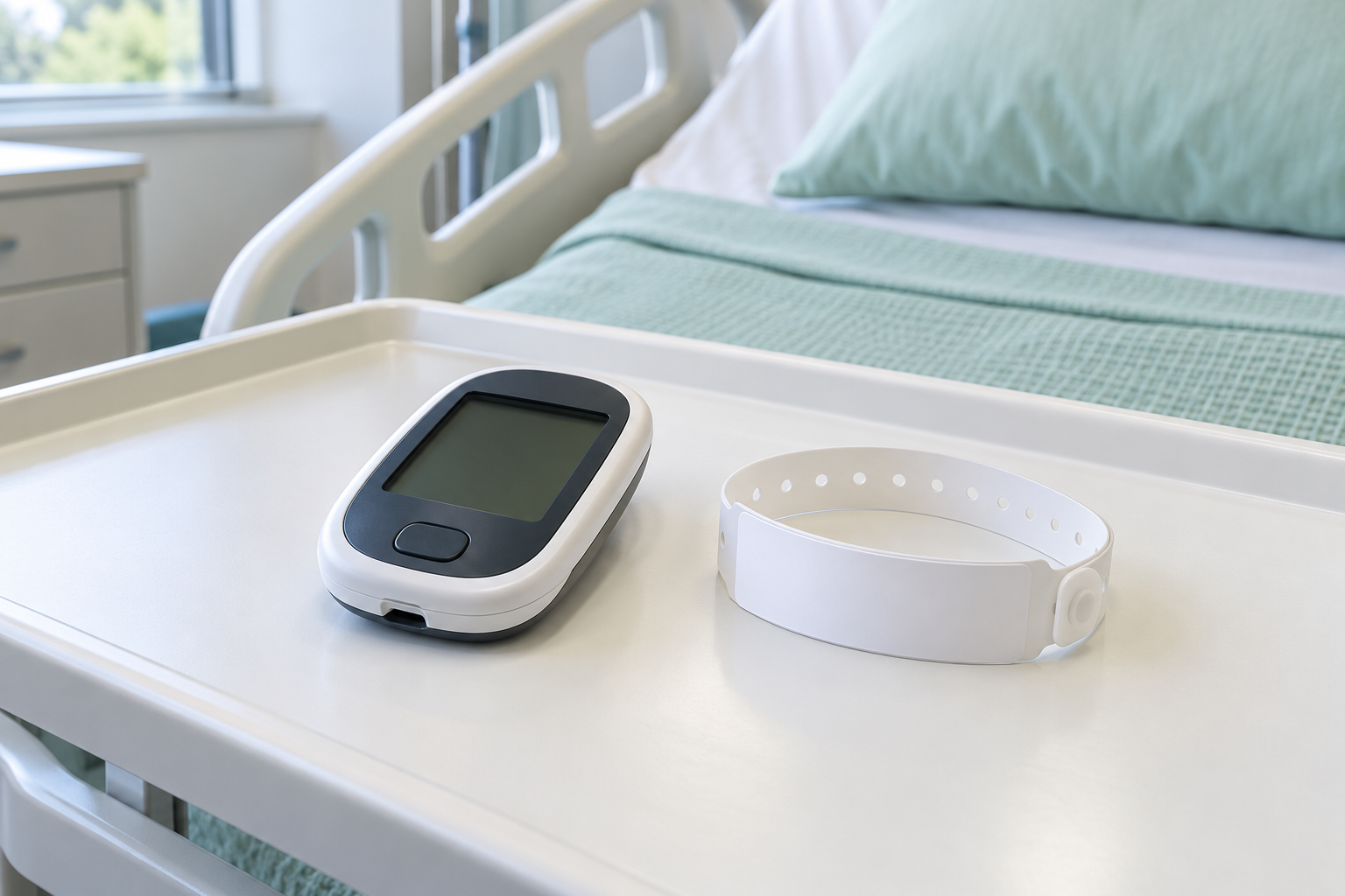 Illustration of an unbranded glucose meter and a blank white identity wristband on a hospital bedside tray.