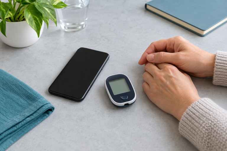 A black smartphone and a glucose meter with unlit screens beside an adult's hands on a light desk.