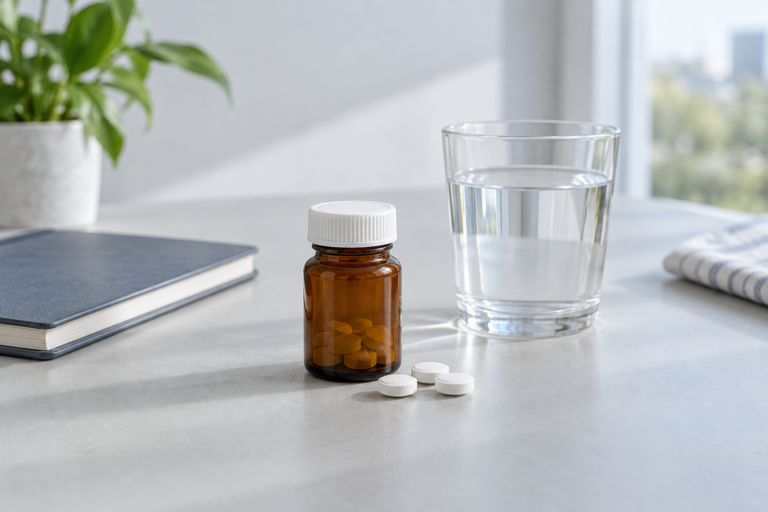 Illustrative unbranded amber medicine bottle, white tablets and a glass of water on a pale table.