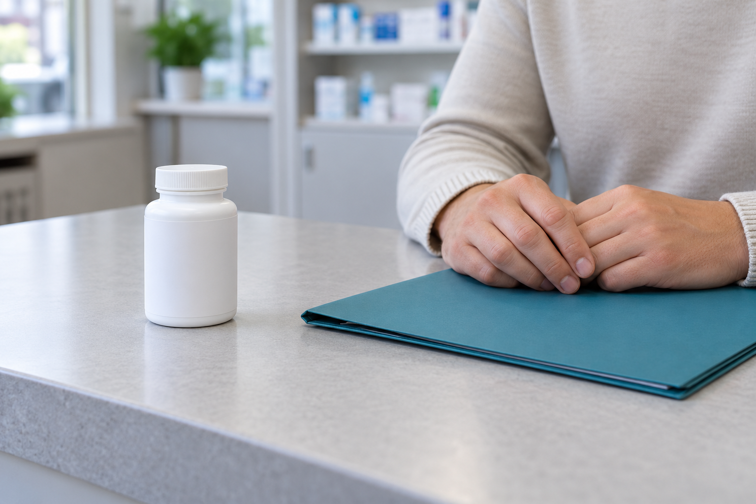 Illustration of a sealed unlabelled white bottle beside a teal folder and adult hands on a pharmacy counter.