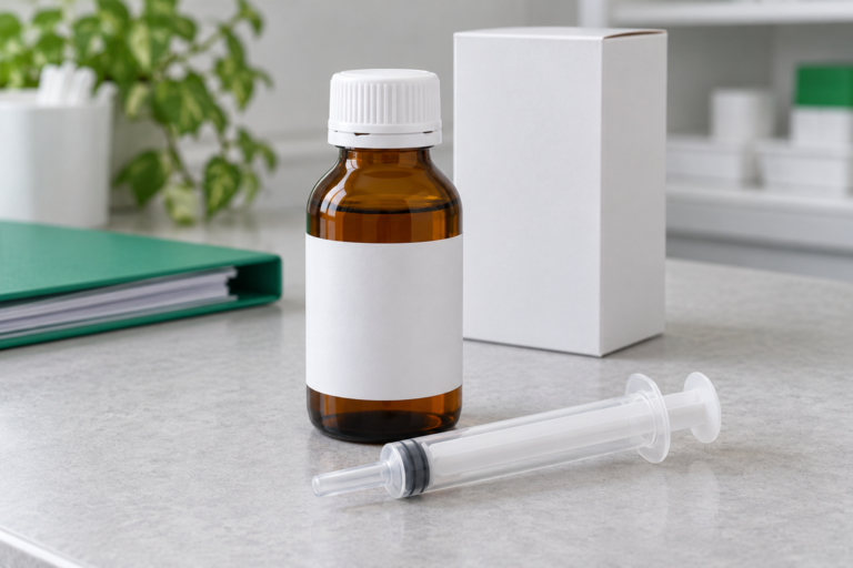 Illustration of a plain amber medicine bottle, a blank white carton and a blunt-tip oral dosing syringe on a pharmacy counter.