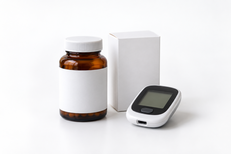 A generic amber bottle with a blank label, a plain white carton and a glucose meter with its display off on a white table.
