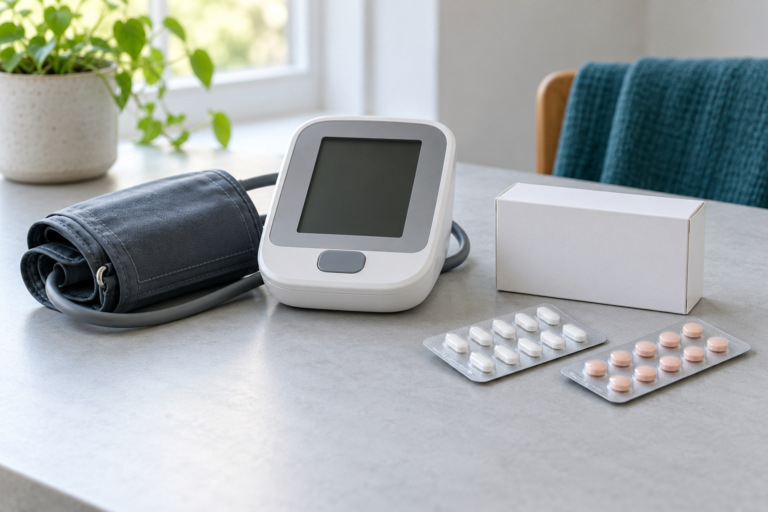 An unbranded blood pressure monitor beside a plain medicine carton and blister strips on a light table.