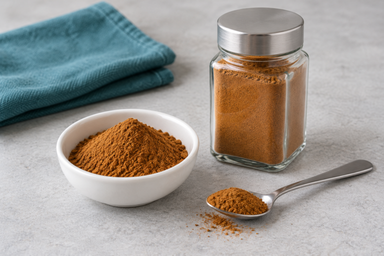 Ground cinnamon in a white dish beside a plain unlabelled spice jar and a silver teaspoon on a light kitchen surface.